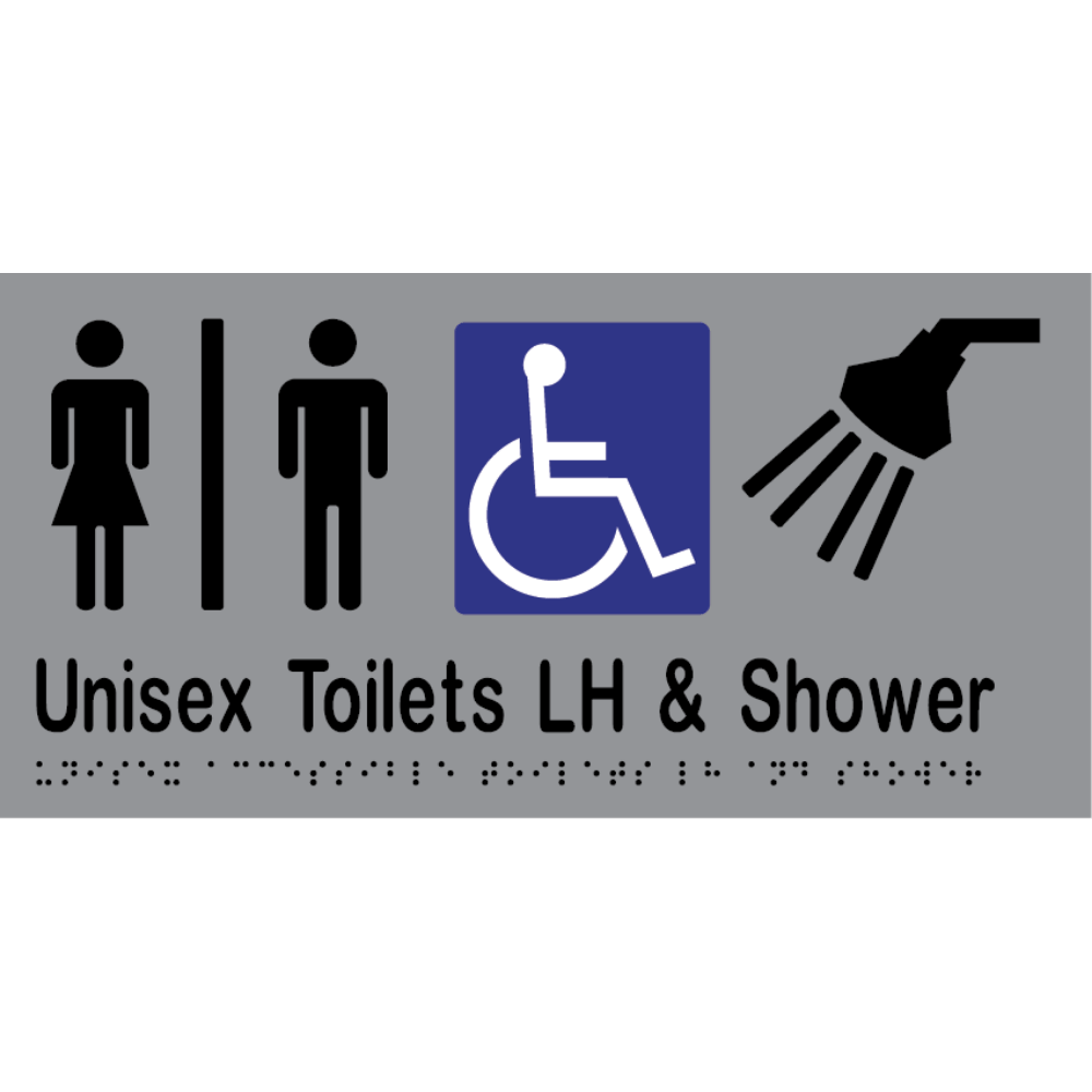 Unisex Accessible Toilet Divided LH & Shower Braille Sign in Stainless Steel - MLS16295_SS