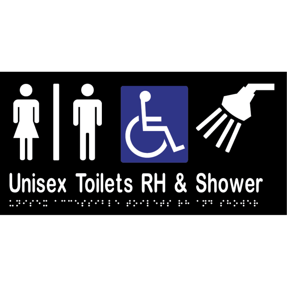 Unisex Accessible Toilet Divided RH & Shower Braille Sign in Designer Black Vinyl - MLS16296_BLK