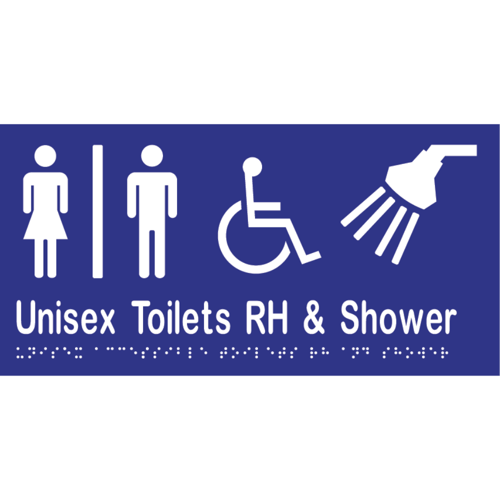 Unisex Accessible Toilet Divided RH & Shower Braille Sign in Blue Vinyl - MLS16296_BLU