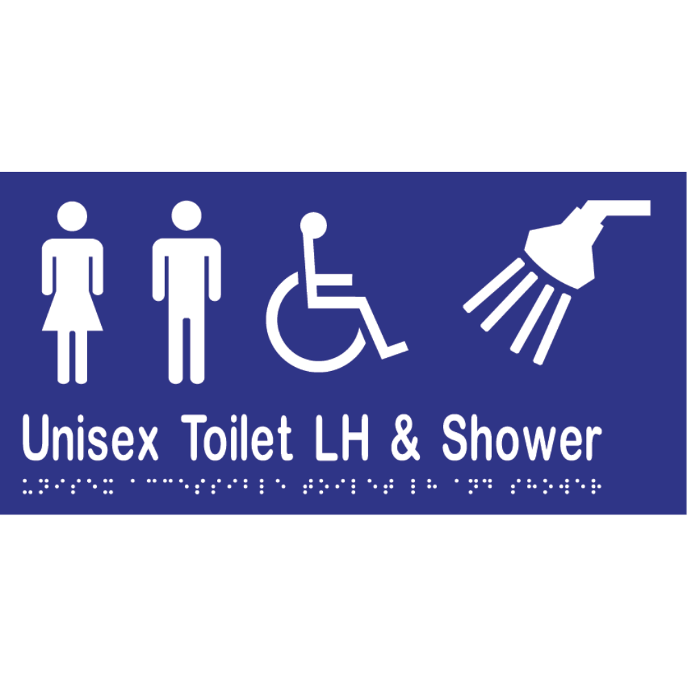 Unisex Accessible Toilet LH & Shower Braille Sign in Blue Vinyl - MLS16297_BLU