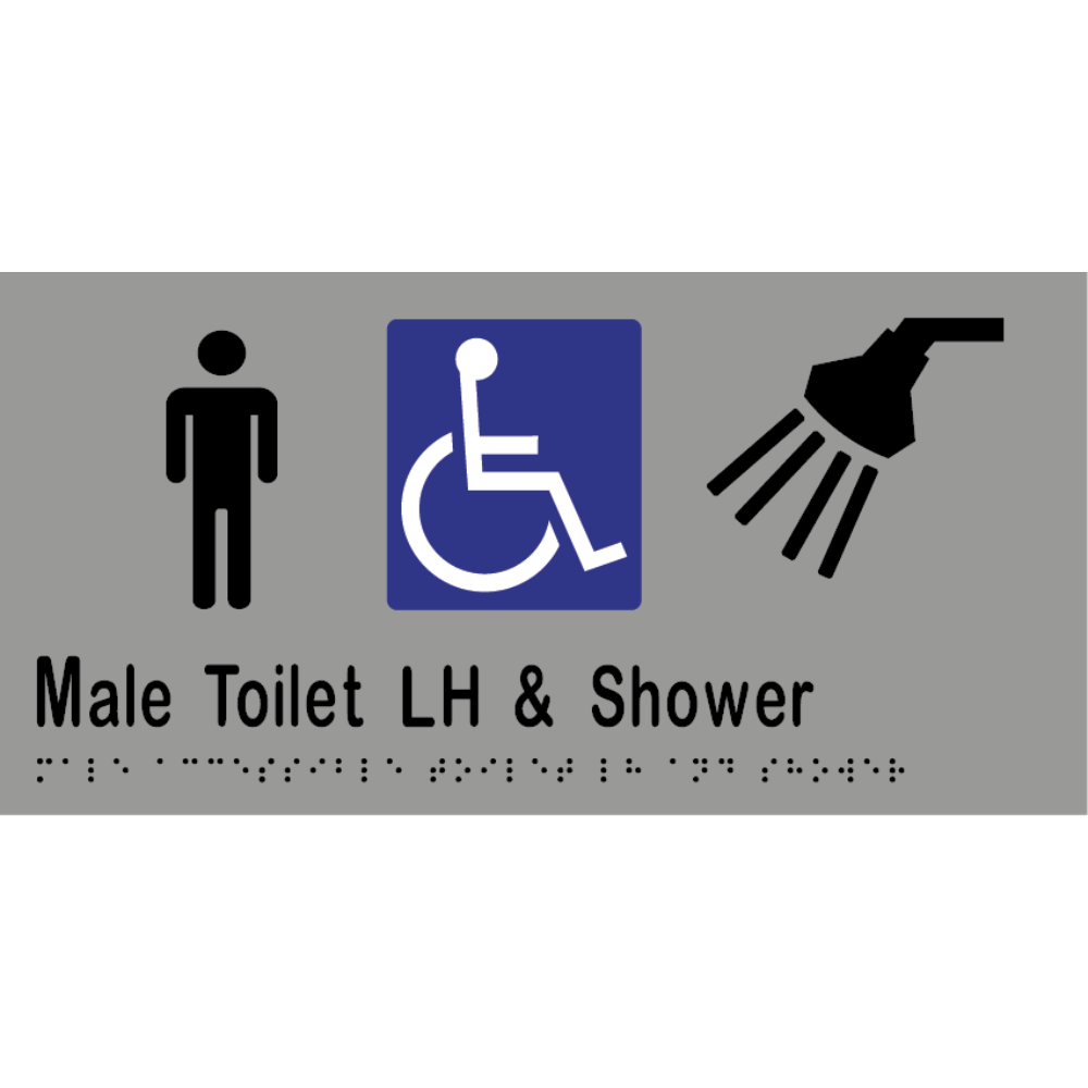 Male Accessible Toilet & Shower LH Braille Sign in Silver Vinyl - MLS16470_SIL