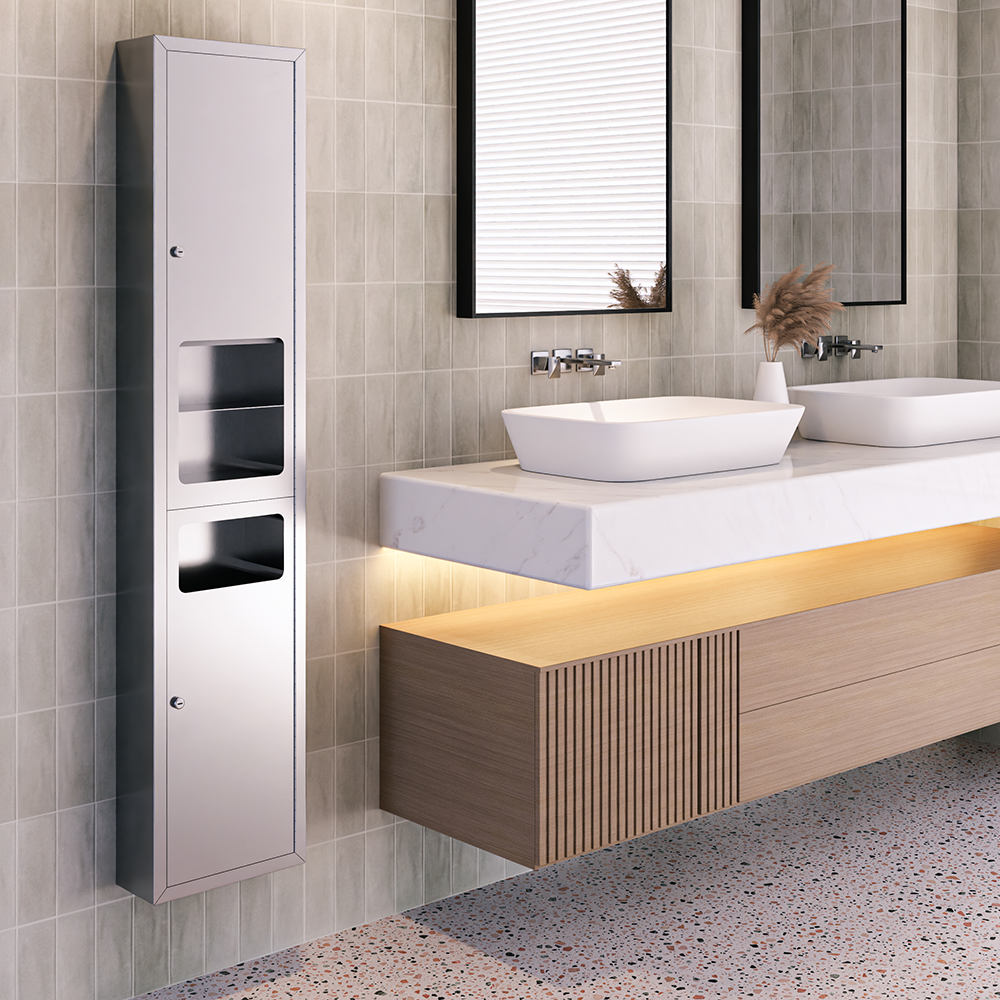Surface Mounted Paper Towel Dispenser, Hand Dryer & Waste Receptacle in Satin Stainless Steel - ML_ECLIPSE_3N1SM_D