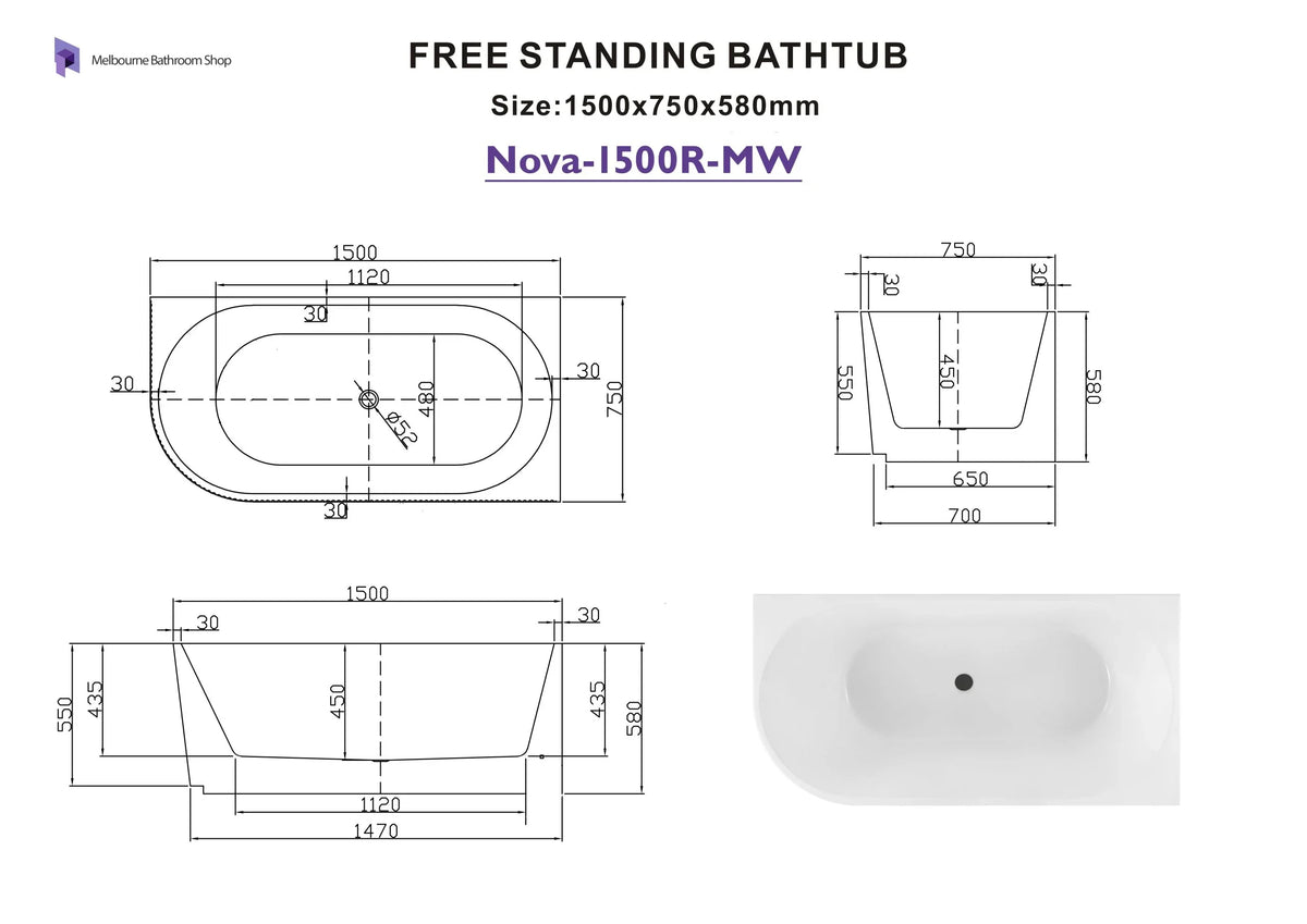 Nova Corner Right Hand Corner Back to Wall Fluted Bath 1500mm - Matte White