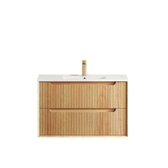 Otti Byron Fluted 900mm Woodland Oak Wall Hung Vanity With Gloss White Ceramic Top 900mm (Stock Clearance)