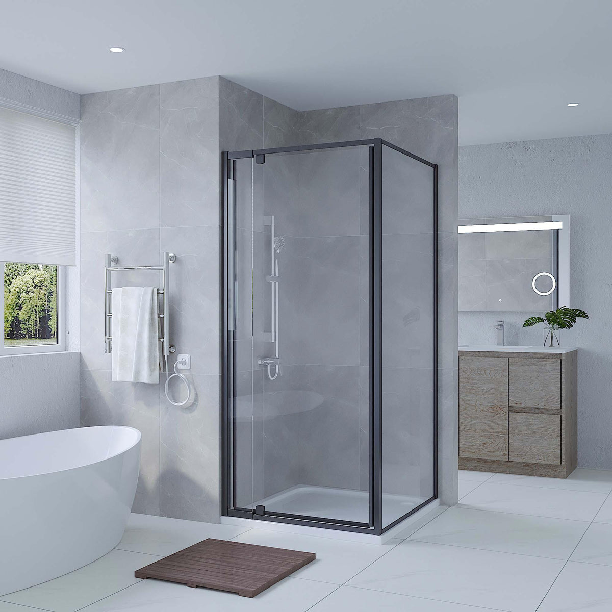 SS01 6mm Full Framed Pivot Shower Screen – Front & Return, 1950mm High, Matt Black