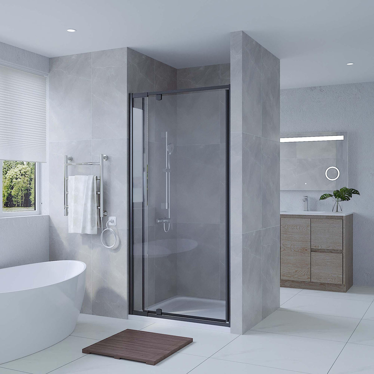 SS01 6mm Full Framed Pivot Shower Screen – Wall to Wall, 740–1200mm, 1950mm High, Matt Black