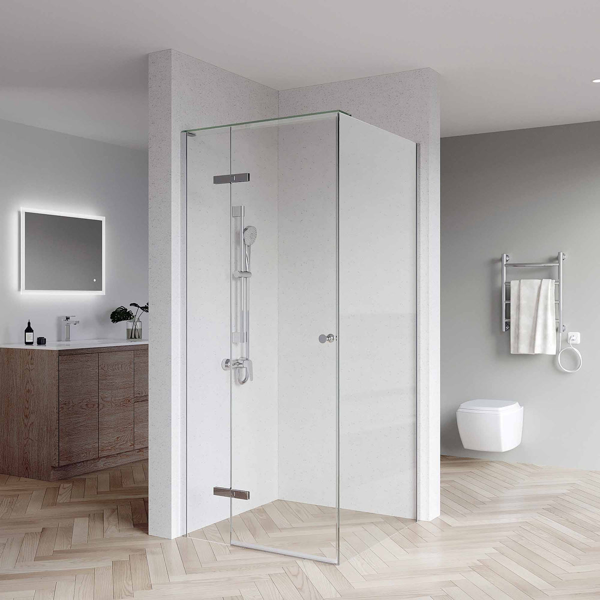 SS08/17 10mm Semi-Frameless Pivot Shower Screen with Top Glass Plate & Seals – Front & Return, 2100mm High