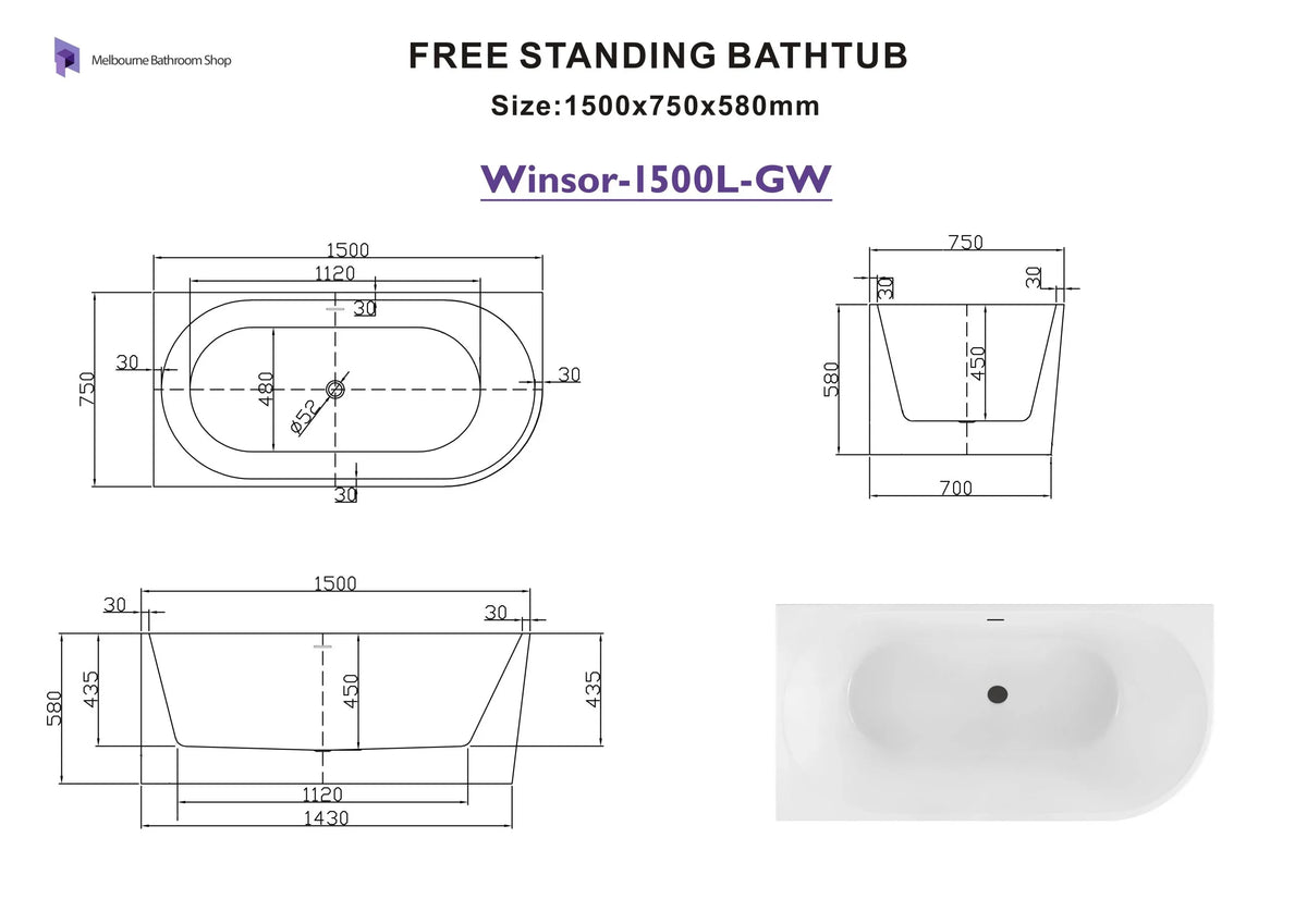 Windsor Left Hand Corner Freestanding Bath with Overflow 1500mm - Gloss White