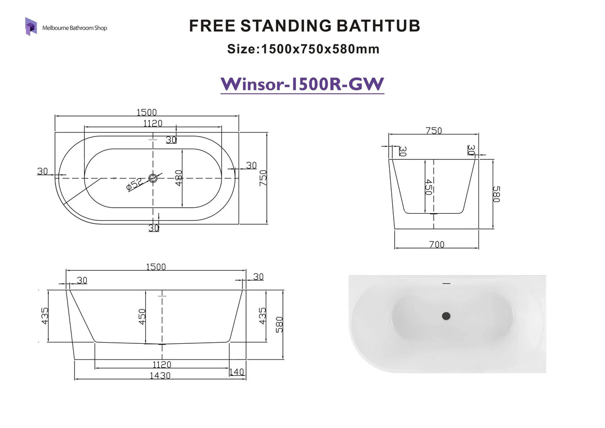 Windsor Right Hand Corner Freestanding Bath with Overflow 1500mm - Gloss White