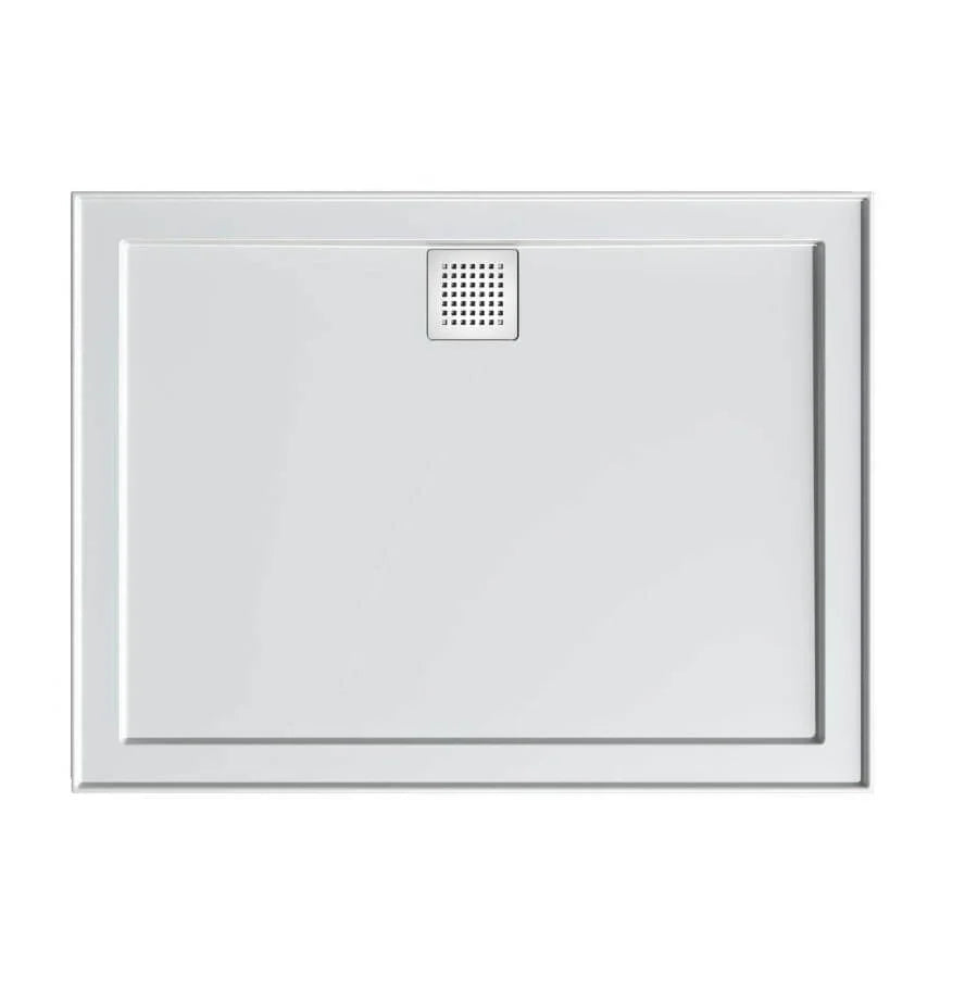 Eco low profile white polymarble shower base with waste cover; example size and waste position.