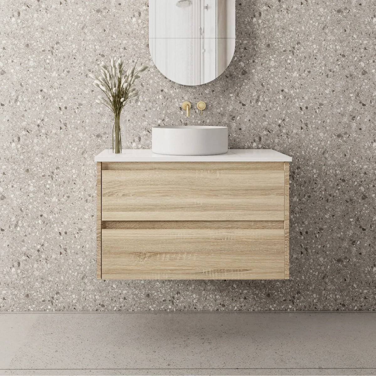 BV95WH Natural Oak Fingerpull Wall Hung Vanity - 600 / 750 / 900 / 1200 / 1500mm