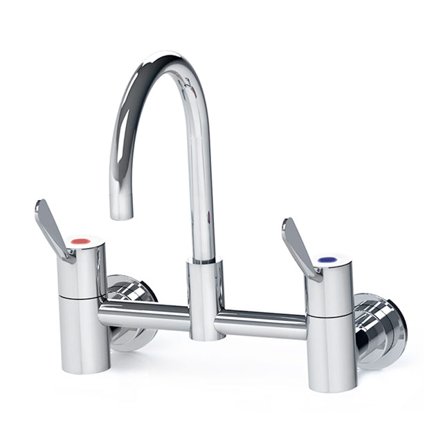 Gentec CLLF10010 Lead Free DZR Brass Wall Mounted 100mm Lever Exposed Mixing Set w/ Gooseneck Swivel Spout