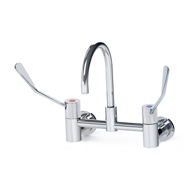 Gentec CLLF15010 Lead Free DZR Brass Wall Mounted 150mm Lever Exposed Mixing Set w/ Gooseneck Swivel Spout