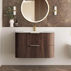 OT Plywood Fluted Walnut Wall Hung Curve Vanity