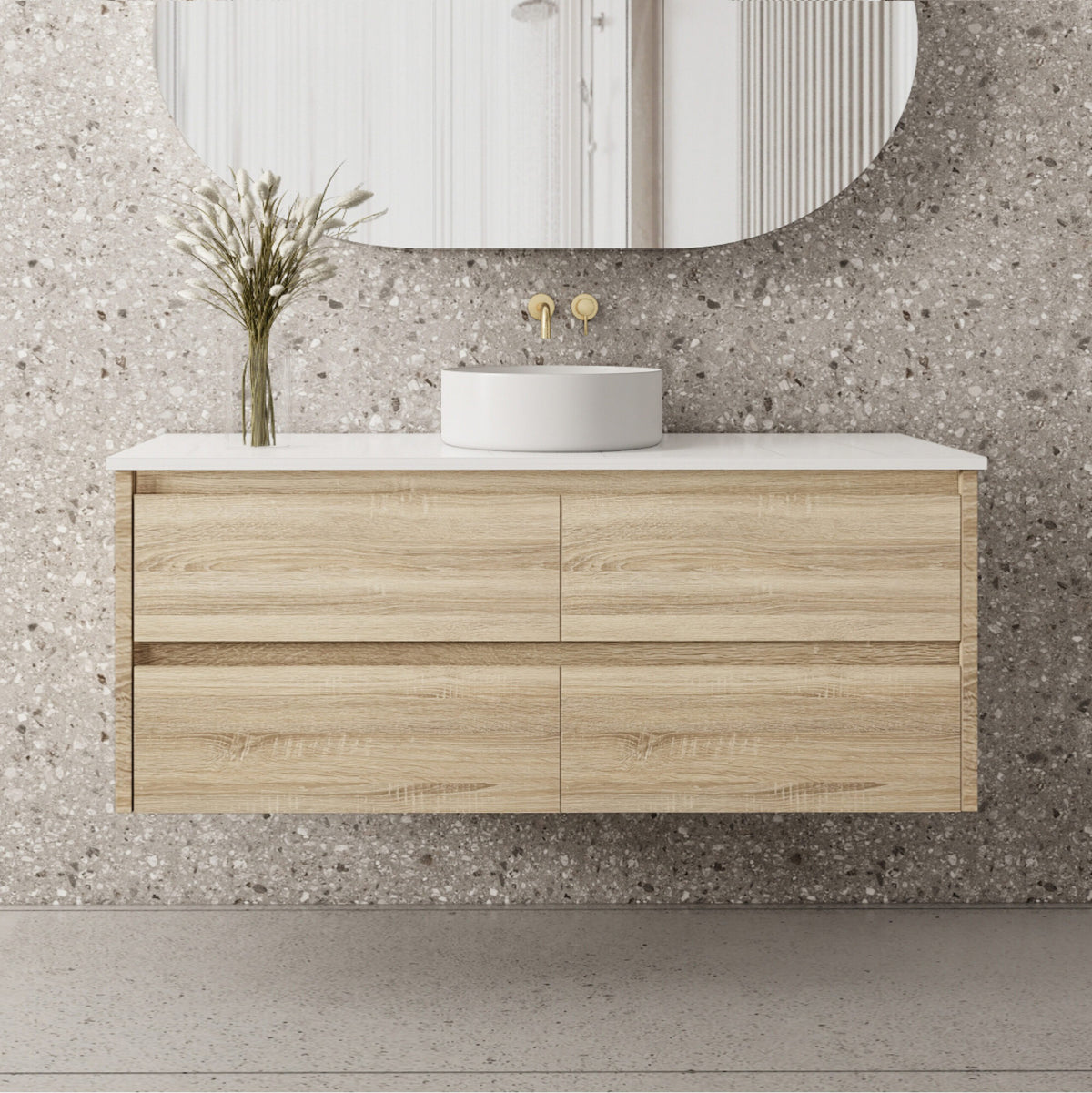 BV95WH Natural Oak Fingerpull Wall Hung Vanity - 600 / 750 / 900 / 1200 / 1500mm