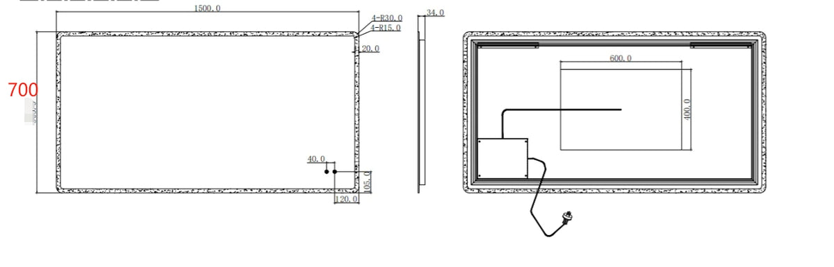 Rectangle Frameless LED Bathroom Mirror Anti-Fog Backlit Touch-on Switch - 900/1200/1500x700mm