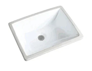 White rectangular ceramic undermount basin shown from above at an angle
