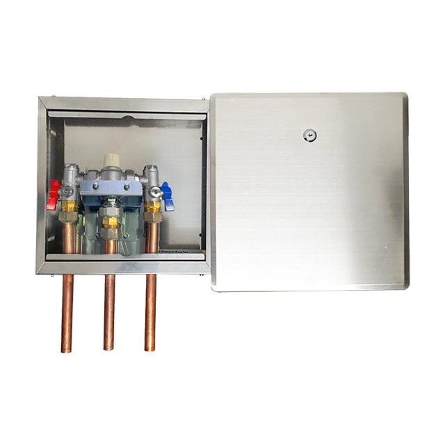 Gentec MVLF60153 NSW Health Approved Thermostatic Mixing Valve Lead Free DZR Brass Chrome Plated w/ Stainless Steel Recessed Enclosure with Lockable Lid and Copper Tails