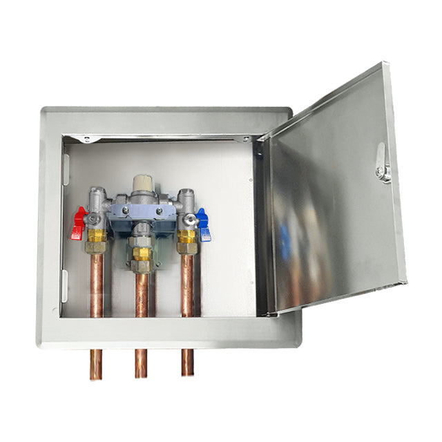 Gentec MVLF60153H NSW Health Approved Thermostatic Mixing Valve Lead Free DZR Brass Chrome Plated w/ Stainless Steel Recessed Enclosure with Hinged Lockable Lid and Copper Tails