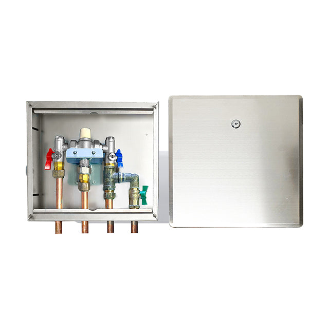 Gentec MVLF60154 NSW Health Approved Thermostatic Mixing Valve Lead Free DZR Brass Chrome Plated w/ Cold Water Bypass, Stainless Steel Recessed Enclosure with Recessed Lockable Lid and Copper Tails