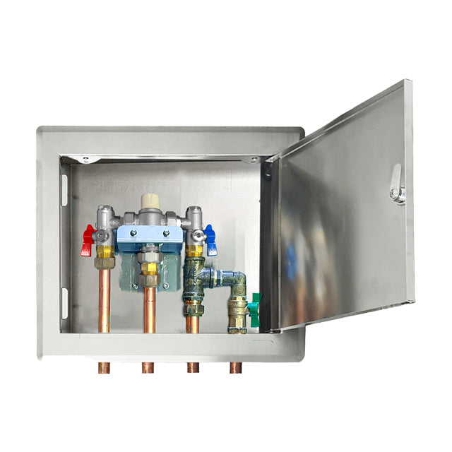 Gentec MVLF60154H NSW Health Approved Thermostatic Mixing Valve Lead Free DZR Brass Chrome Plated w/ Cold Water Bypass, Stainless Steel Recessed Enclosure with Hinged Lockable Lid and Copper Tails