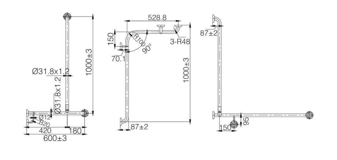 CARE 90° Corner Grab Rail 528x1000x600mm Left / Right Hand - Stainless Steel