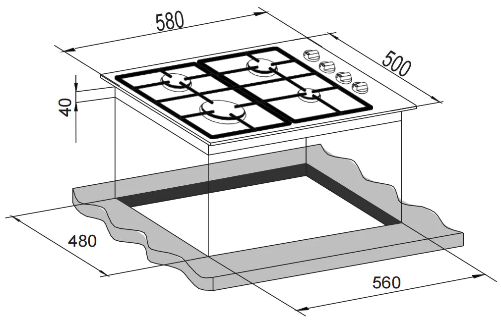 Carysil Built-In Stainless Steel 4 Burner Gas Hob - Various Colours