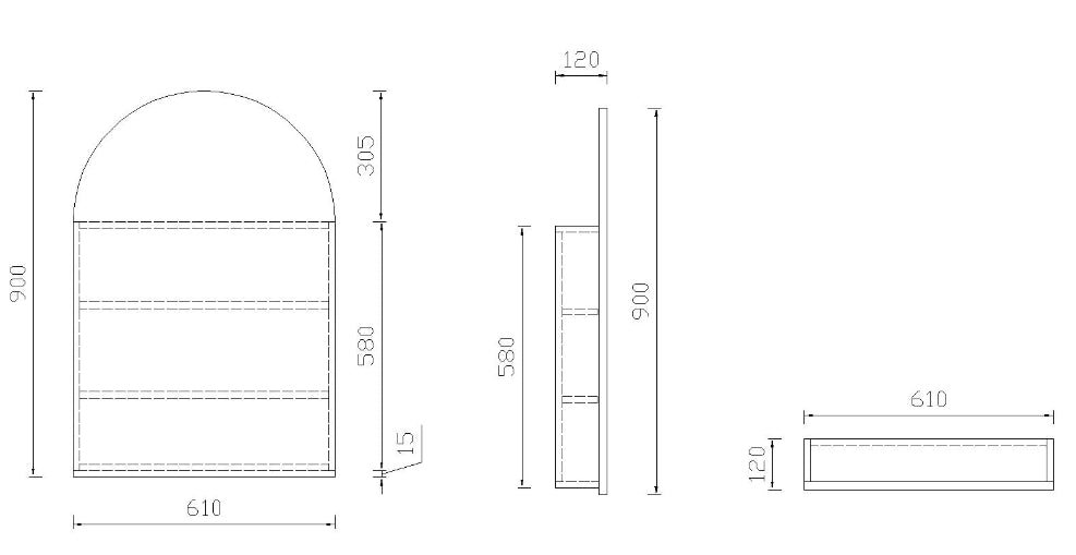 Arched Shape Mirror Cabinet Pencil Edge 610x900mm - Matte White / Matte Black / Woodgrain