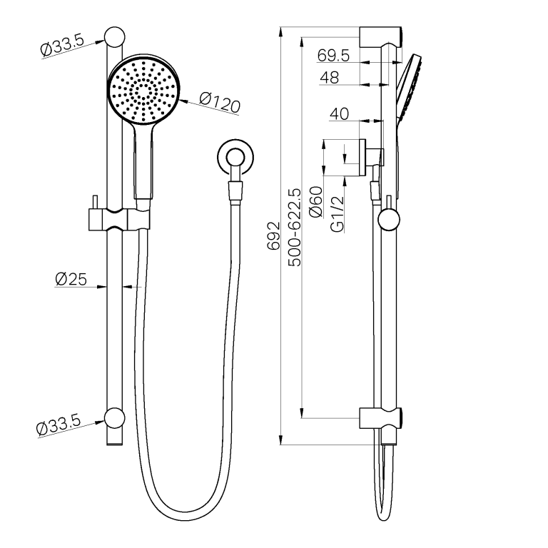 Nero Dolce II Hand Shower on Retrofit Rail Single Function - Various Colours