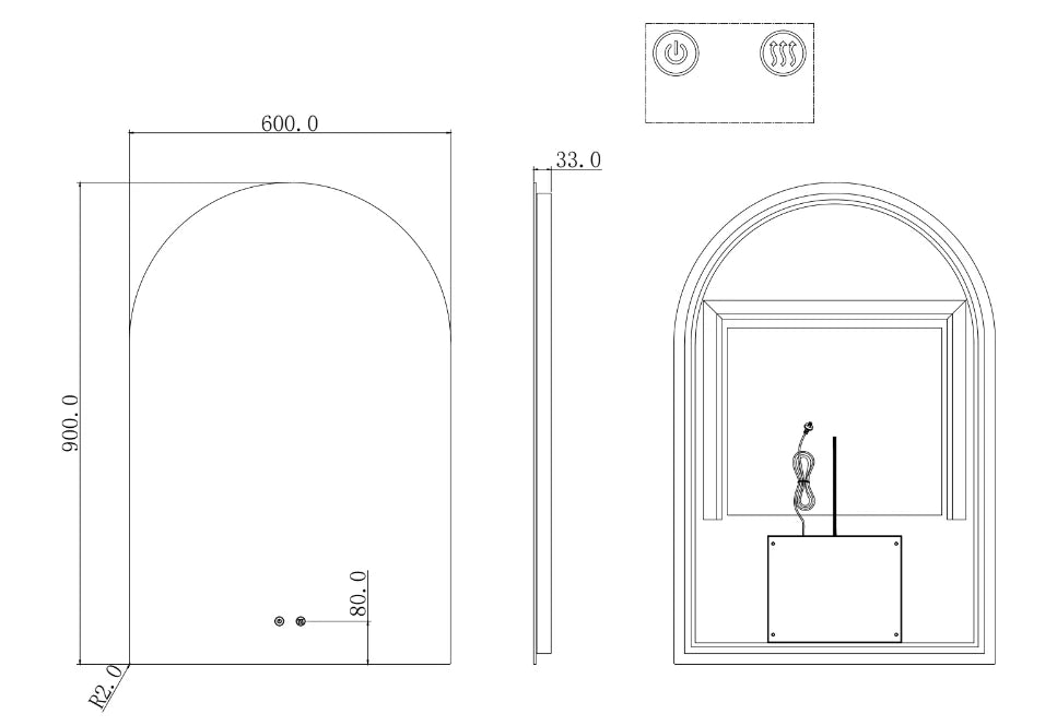Arched Shape LED Mirror Touch-on switch 600x900mm - Frameless