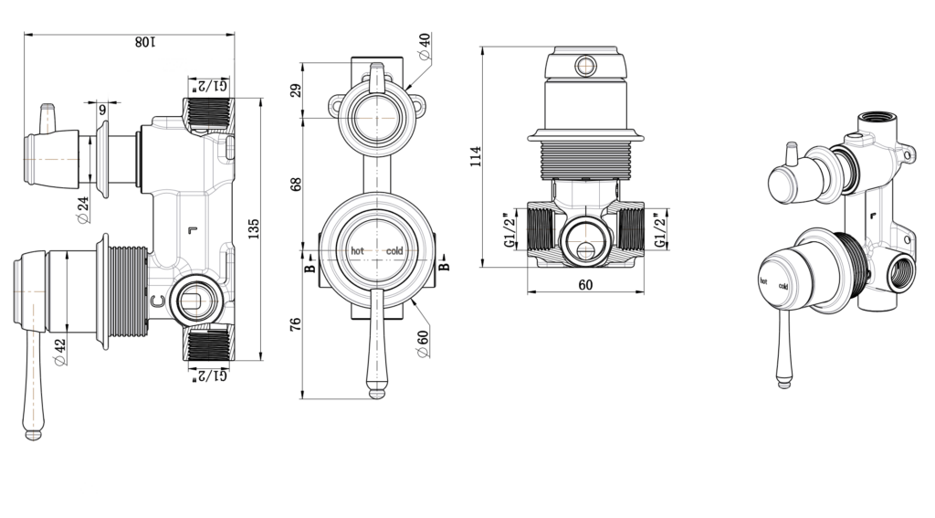 SMD16 Heritage Shower / Bath Mixer with Diverter (Separate Backplate) - Various Colours