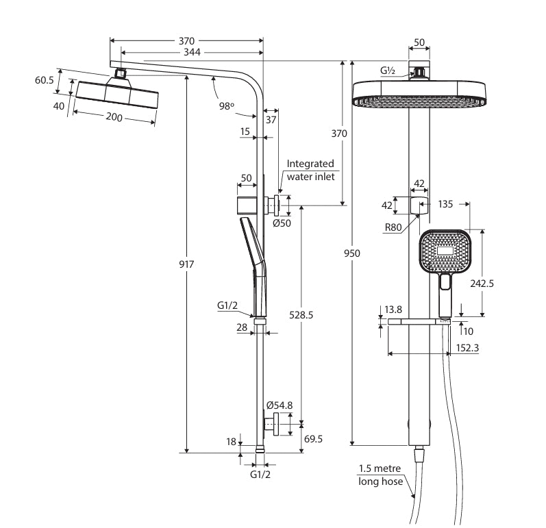 Deluxe Rain Soft Square Dual Shower Rail - Various Colours