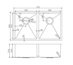Double Bowls Sink Undermount/Top mount/Flush mount 770x450mm - Various Colours