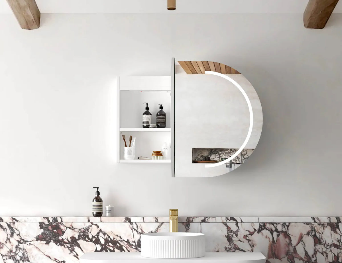 Oval LED Mirror Cabinet 900/1200/1500/1800mm - Matte White / Natural Oak / Black Oak