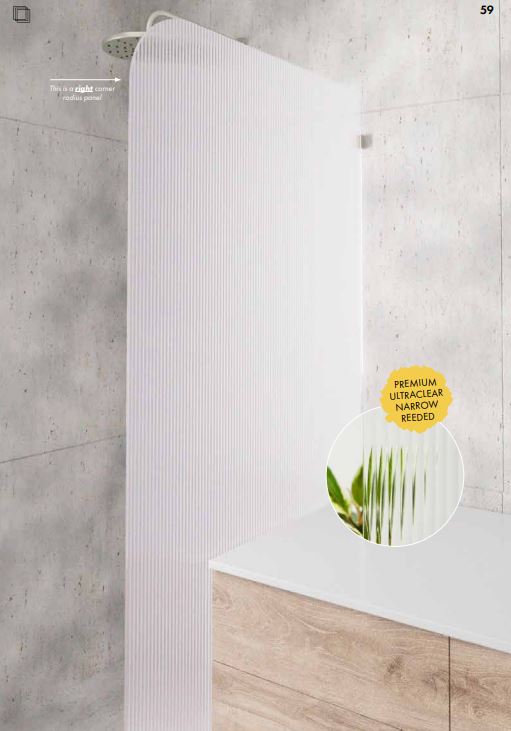 Reeded glass curved corner walk-in shower fixed panel with matching bathroom hardware