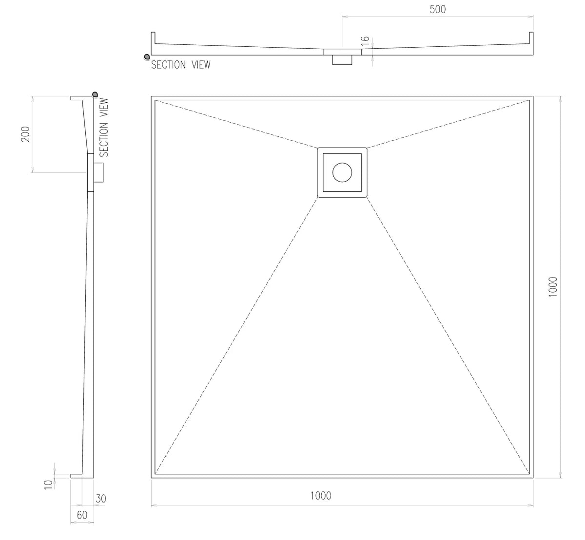 Builder Range Tile Shower Tray with Slotted Square Waste (Australian Made) - Various Sizes