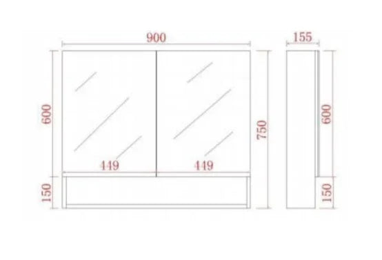 Mirror Cabinet with Open Shelf Pencil Edge 900x750mm - Matte Black (Stock Clearance)