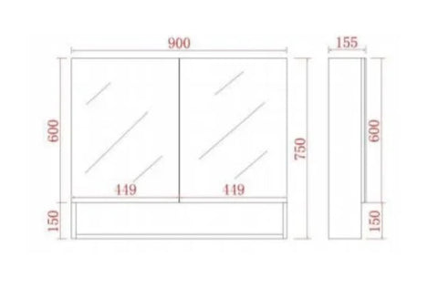 Mirror Cabinet with Open Shelf Pencil Edge 900x750mm - Matte Black (Stock Clearance)