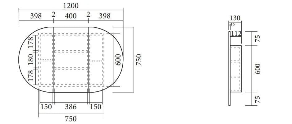 Oval Mirror Cabinet Pencil Edge 900x600 / 1200x750 / 1500x900mm - Various Colours
