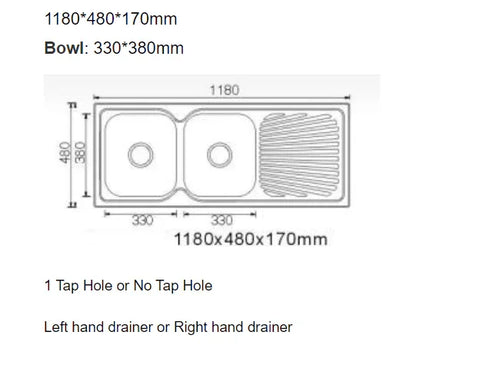Left/Right Double Bowls with Drainer Top Mount Kitchen Sink 1180x480mm - Stainless Steel