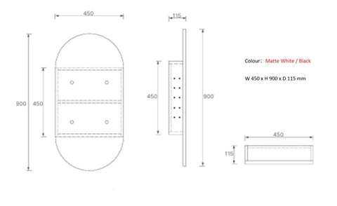 Pill Shape Mirror Cabinet Pencil Edge 450x900mm - Matte White / Matte Black / Woodgrain