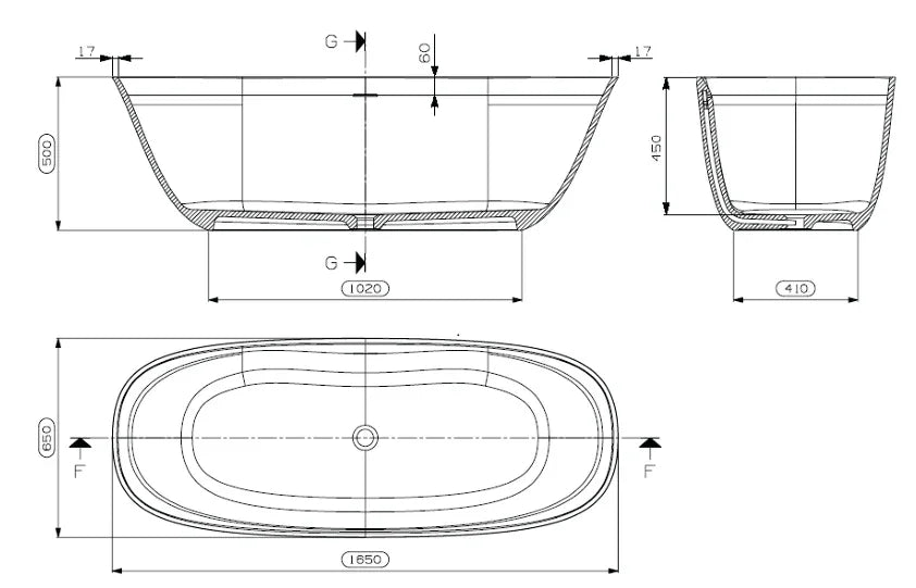 Signature Oval Solid Surface Freestanding Bath 1650mm with Overflow - Matte White