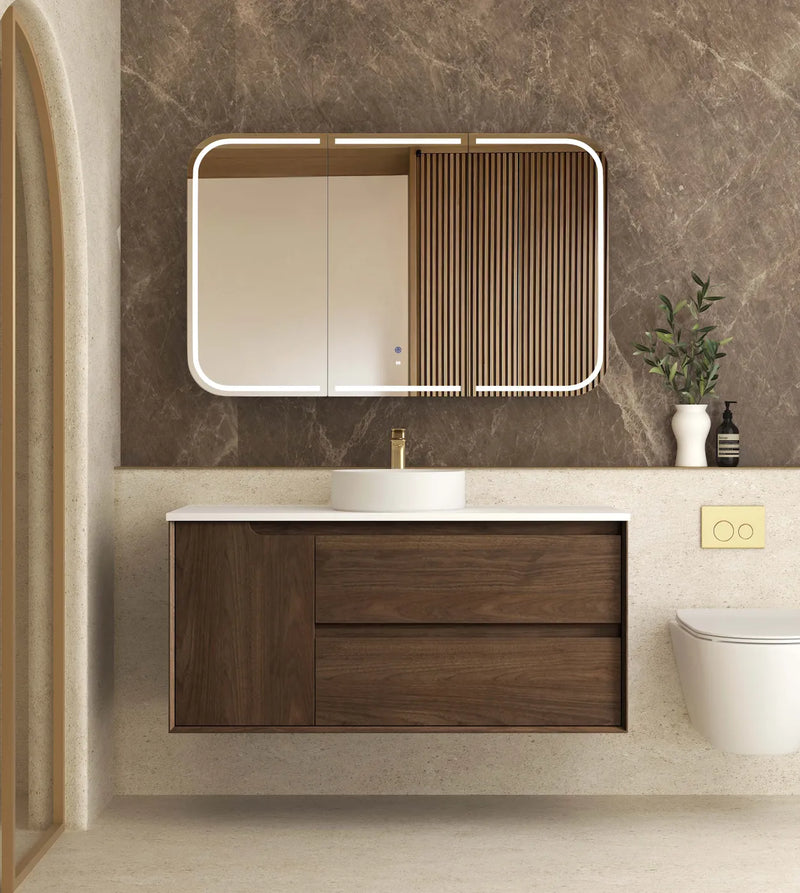 BV99WH Dark Walnut Fingerpull Wall Hung Vanity - 600 / 750 / 900 / 1200 / 1500mm