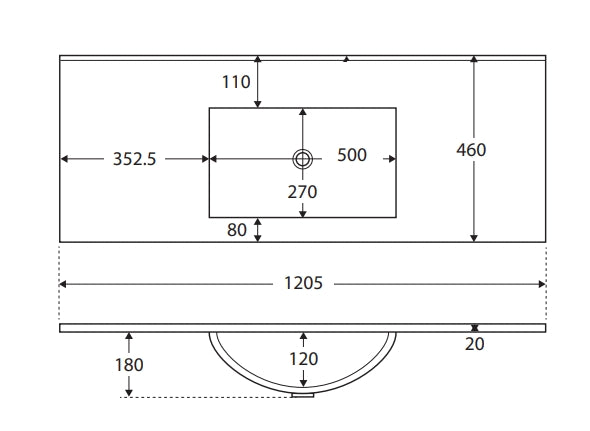 Standard - Gloss White Rectangle Bowl 465mm Depth Ceramic Vanity Top (No Tap Hole) - Various Sizes
