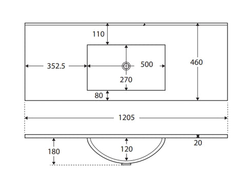 Standard - Gloss White Rectangle Bowl 465mm Depth Ceramic Vanity Top (No Tap Hole) - Various Sizes