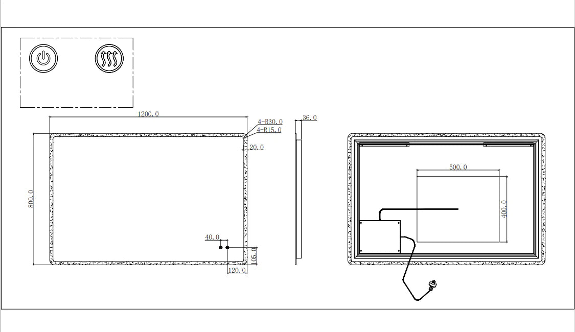 Rectangle Frameless Front Lit LED Bathroom Mirror Touch-on Switch - Various Sizes