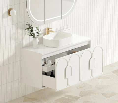 BV89WH Matte White with Stone handle Wall Hung Vanity - 600 / 750 / 900 / 1200 / 1500 / 1800mm