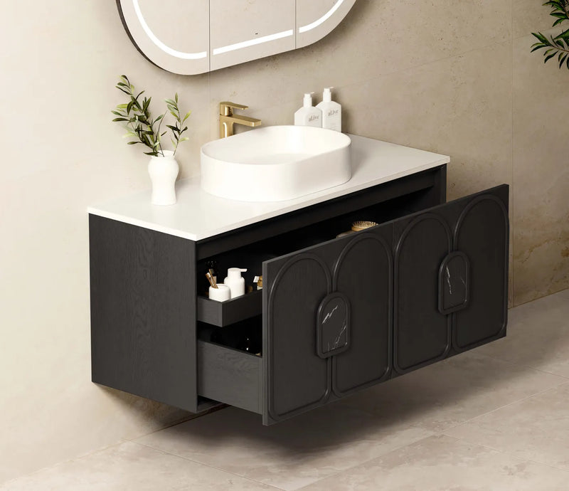 BV90WH Black Oak with Stone handle Wall Hung Vanity - 600 / 750 / 900 / 1200 / 1500 / 1800mm