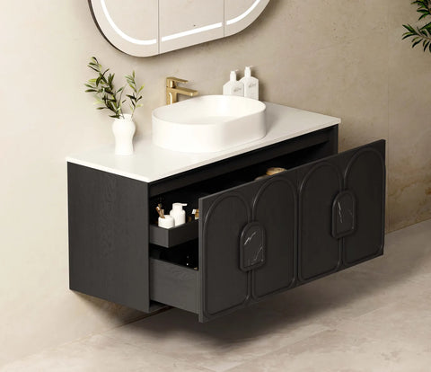 BV90WH Black Oak with Stone handle Wall Hung Vanity - 600 / 750 / 900 / 1200 / 1500 / 1800mm