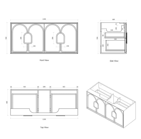 BV89WH Matte White with Stone handle Wall Hung Vanity - 600 / 750 / 900 / 1200 / 1500 / 1800mm